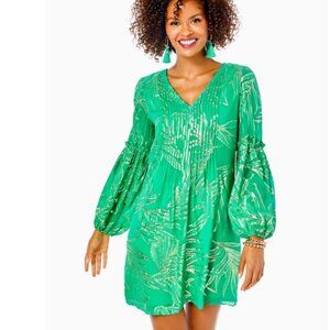 Lilly Pulitzer Cleme Silk Dress Botanical Green Palm Leaf Organza Size 14